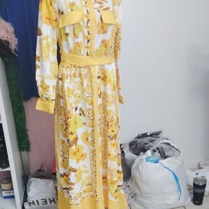 SHEIN Yellow Ruffled Wrap Dress with Bishop Sleeves